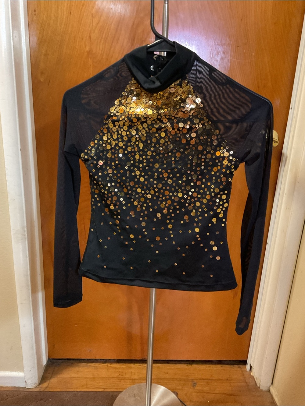 balera Black Long-Sleeve Mesh Dance Top with Gold Sequins